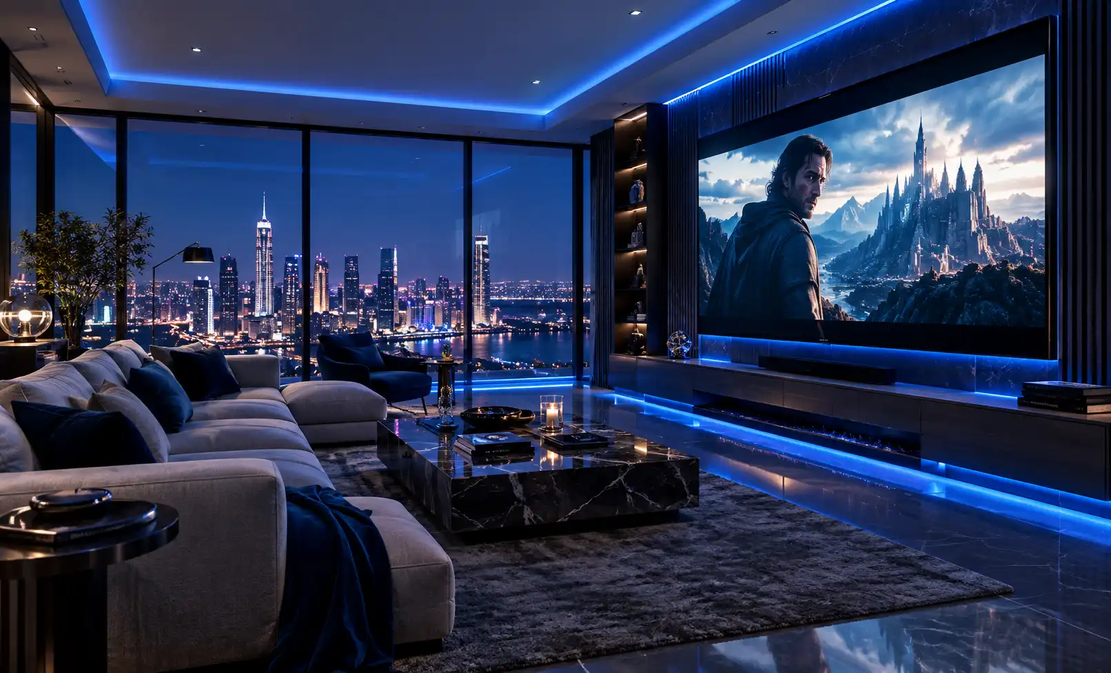 Mavi aydınlatmalı oturma odasında büyük ekran televizyon